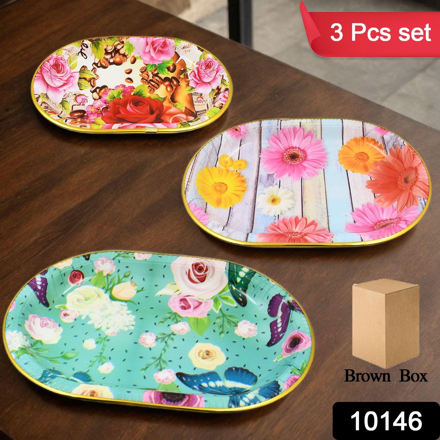 Plastic Flower Printed Design Serving Tray (3 Pcs Set Mix Color)